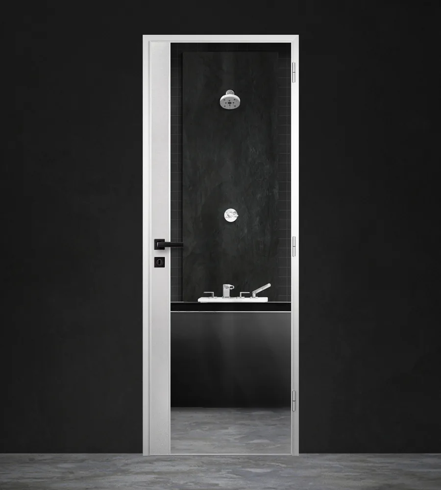 Invado bathroom door with metal trim